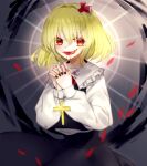  1girl 7kaharu-mianohi black_nails black_skirt black_vest blonde_hair blood blood_on_face collared_shirt cowboy_shot cross eyebrows_visible_through_hair eyelashes fangs frilled_shirt_collar frills hair_ribbon highres holding holding_cross long_sleeves nail_polish open_mouth red_eyes red_neckwear red_ribbon ribbon rumia shirt short_hair skirt touhou vest white_shirt 