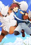  arcanine azuki_neko bag brown_eyes gen_1_pokemon hat kyouhei_(pokemon) open_mouth pokemon pokemon_(creature) pokemon_(game) pokemon_bw2 raglan_sleeves shorts visor_cap 