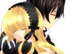  1girl bad_id bad_pixiv_id blonde_hair chin_strap close-up closed_eyes gosick hairband harugamitsu holding hug kujou_kazuya light_smile lolita_fashion profile sad tears victorica_de_blois white_background 