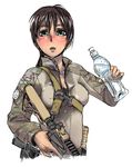  ammunition assault_rifle blush bottle breasts brown_hair cleavage covered_nipples didloaded green_eyes gun holding holding_gun holding_weapon m4_carbine medium_breasts military military_operator military_uniform multicam_(camo) original rifle strap sweat trigger_discipline uniform water weapon 