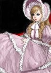  bad_id bad_pixiv_id blonde_hair blue_eyes bonnet dress frilled_dress frilled_sleeves frills lips lolita_fashion long_hair original parted_lips pink_dress pon solo wide_sleeves 