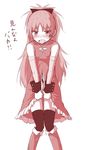  blush boots bow covering covering_crotch dress dress_tug elbow_gloves fang gloves hair_bow knee_boots long_hair magical_girl mahou_shoujo_madoka_magica monochrome open_mouth ryuunosuke_(luckyneco) sakura_kyouko solo sweat thighhighs torn_clothes translated wide_ponytail zettai_ryouiki 
