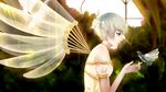  bare_shoulders bird bird_on_hand blurry cassini choker clover_(manga) depth_of_field from_side mechanical_wings profile short_hair silver_hair suu_(clover) tree window wings 