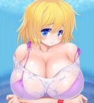  asamura_hiori bare_shoulders blonde_hair blue_eyes breast_rest breasts collarbone huge_breasts original rain shirt smile solo wet wet_clothes wet_shirt wristband 