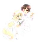  1girl blonde_hair bouquet brown_eyes brown_hair bug butterfly butterfly_hair_ornament couple dress flower gosick green_eyes hair_ornament harugamitsu hetero insect kujou_kazuya lily_(flower) long_hair pale_color shirt short_hair victorica_de_blois white white_background white_dress white_shirt 