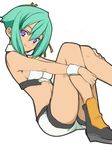  aquarion_(series) aquarion_evol bare_shoulders boots breasts crop_top green_hair hair_ribbon leg_hug looking_at_viewer medium_breasts midriff navel orion_(orionproject) purple_eyes ribbon short_hair short_shorts shorts sideboob simple_background sitting smile solo wrist_cuffs zessica_wong 