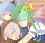  2girls ahoge animal_ears bad_id bad_pixiv_id bell blue_eyes blue_hair bow brown_eyes brown_hair carrying choker cirno closed_eyes daiyousei delta_(pixiv2768620) ears fairy flower glasses green_hair hair_bow hair_ornament heart hetero hug long_sleeves morichika_rinnosuke multiple_girls red_eyes short_hair side_ponytail silver_hair smile touhou yellow_eyes 