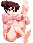  barefoot bottomless brown_hair feet k-on! legs naked_sweater red_eyes ribbed_sweater shinama short_hair simple_background smile soles solo suzuki_jun sweater toenails toes tsurime twintails white_background 
