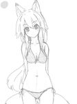  animal_ears bikini breasts cleavage copyright_request fox_ears greyscale long_hair looking_at_viewer monochrome small_breasts smile solo swimsuit yu-ves 
