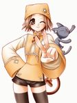  brown_eyes brown_hair cat cat_tail commentary_request hat hexagram mahitovii one_eye_closed original short_hair shorts smile solo star_of_david tail thighhighs v 