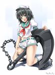  anchor black_hair blush chain green_eyes hat highres kneeling midriff murasa_minamitsu navel open_mouth sailor sailor_hat satou_samu short_hair shorts solo touhou white_legwear 