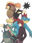  blonde_hair feraligatr gen_1_pokemon gen_2_pokemon heracross jun_(pokemon) koiwai_(waiwaiyyy) multiple_boys ookido_green orange_hair pidgeot pokemon pokemon_(creature) pokemon_(game) pokemon_dppt pokemon_frlg pokemon_hgss red_hair scarf silver_(pokemon) tegaki 