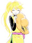 blonde_hair closed_eyes drawr hat headwear_removed hirosuke_(psychexx) holding long_hair pokemon pokemon_special ponytail smile solo yellow_(pokemon) 