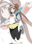  blue_eyes brown_hair double_bun hat heart jumping long_hair looking_at_viewer lossy-lossless marony mei_(pokemon) pantyhose pokemon pokemon_(game) pokemon_bw2 raglan_sleeves skirt smile solo twintails visor_cap zoom_layer 