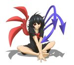  asymmetrical_wings bare_legs barefoot black_hair butterfly_sitting didloaded dress feet full_body hands houjuu_nue red_eyes ribbon shadow simple_background sitting smile solo touhou wings 