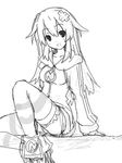 greyscale long_hair monochrome neptune_(series) open_mouth panties purple_heart sitting sketch smile solo striped thighhighs underwear yu-ves 