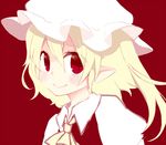  ascot blonde_hair blush close-up closed_mouth face flandre_scarlet hakaisin-k hat pointy_ears portrait red_background red_eyes short_hair side_ponytail sketch slit_pupils smile solo touhou 