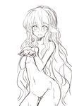  animal_ears copyright_request greyscale long_hair monochrome nude open_mouth smile solo very_long_hair yu-ves 