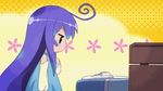  &gt;_&lt; 1girl acchi_kocchi ahoge animated animated_gif blue_hair blush closed_eyes clothes_sniffing long_hair lowres miniwa_tsumiki non-web_source purple_eyes smelling solo 