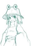  :d aqua hands_on_hips hat long_sleeves looking_at_viewer monochrome moriya_suwako open_mouth short_hair simple_background skirt skirt_set sleeves_past_wrists smile solo touhou white_background wide_sleeves yu-ves 