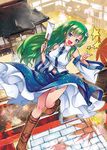  blue_eyes boots breasts detached_sleeves dress frog_hair_ornament gohei green_hair hair_ornament kochiya_sanae long_hair medium_breasts navel open_mouth shrine skirt snake_hair_ornament solo star tamon_ketsuyuki touhou 