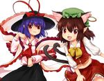  animal_ears ascot bad_id bad_pixiv_id bow brown_hair capelet cat_ears cat_tail chen earrings extra_ears fangs hakiata hat hat_ribbon jewelry looking_at_viewer midriff multiple_girls multiple_tails nagae_iku navel nekomata open_mouth paw_pose pointy_ears purple_hair red_eyes ribbon shawl shirt short_hair skirt skirt_set smile tail touhou vest 