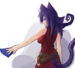  animal_ears arceonn bare_shoulders blue_eyes blue_hair breasts card cat_ears cat_tail duel_masters from_behind kemonomimi_mode looking_back medium_breasts solo tail tasogare_mimi 