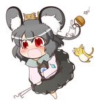  animal animal_ears animal_on_head barefoot basket bishamonten's_pagoda blush cat cat_on_head chibi dowsing_rod fang full_body highres mouse mouse_ears mouse_tail nazrin on_head open_mouth red_eyes running shimashima_nezumi simple_background skirt solo tail tears touhou white_background 