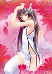  armpits bare_shoulders black_hair character_request copyright_request flower hime_cut long_hair nilitsu panties red_eyes solo striped striped_panties thighhighs underwear white_legwear 