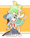 animal_ears bad_id bad_pixiv_id blue_eyes blue_hair bow cat_ears cirno closed_eyes daiyousei dress fang green_hair hair_bow ice ice_wings lowres mogu_(lollysweet) multiple_girls one_eye_closed tail touhou wings 
