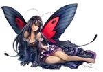  accel_world antenna_hair arm_support barefoot black_hair breasts brown_eyes butterfly_wings cleavage dress elbow_gloves gloves kuroyukihime long_hair long_legs medium_breasts signature sitting solo wings wuduo yokozuwari 