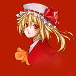  ascot bakusyuu blending blonde_hair blush face flandre_scarlet hair_ribbon hat looking_at_viewer parted_lips red red_background ribbon short_hair side_ponytail solo touhou upper_body 