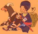  beso dog drawr earrings gen_2_pokemon houndoom houndour jewelry orange_background petting pokemon pokemon_(creature) puppy yawning 