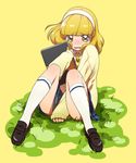  between_legs blonde_hair blush cardigan covering covering_crotch eyelashes grass hairband kise_yayoi loafers nanairogaoka_middle_school_uniform open_mouth pama precure school_uniform shoes short_hair sitting sketchbook skirt smile_precure! solo wavy_mouth white_hairband yellow_eyes 