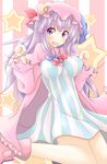  breasts crescent hair_ribbon hat long_hair medium_breasts nijou_makoto patchouli_knowledge purple_eyes purple_hair ribbon robe smile solo star striped touhou 