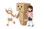  arm_up ayase_ena bad_id bad_pixiv_id bag brown_hair child closed_eyes danboo duralumin green_hair koiwai_yotsuba mika-shi multiple_girls open_mouth paper_hat paper_kabuto shoes short_hair shorts simple_background skirt smile socks stuffed_animal stuffed_toy teddy_bear white_background yotsubato! 