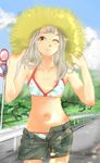  bikini blue_sky day flat_chest guard_rail hat imaiko long_hair midriff navel one_eye_closed original road road_sign shorts sign silver_hair sky solo straw_hat sun_hat swimsuit unbuttoned 