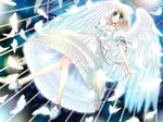  angel_wings birdcage blue_eyes cage dress feathers flying open_mouth original ribbon short_hair solo wings ywaka 