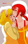  blonde_hair blush casual character_name closed_eyes eyelashes forehead_kiss hairband hand_on_another's_head hands_clasped highres hino_akane_(smile_precure!) kise_yayoi kiss multiple_girls open_mouth orange_shirt own_hands_together ponytail precure ramune02 red_eyes red_hair shirt short_hair smile smile_precure! surprise_kiss surprised white_hairband yellow_eyes yuri 