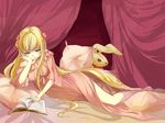  bakusyuu bare_legs bed blonde_hair book bored chin_rest curtains gosick hair_ribbon long_hair lying nightgown older on_side pillow reading ribbon solo stuffed_animal stuffed_bunny stuffed_toy victorica_de_blois 