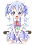  alternate_hairstyle ascot blue_eyes blue_hair blue_skirt blush bow character_doll cirno daiyousei fang green_eyes hair_bow highres makuran open_mouth shirt short_hair sitting skirt solo touhou twintails v_arms wariza wings 