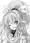 fiana_else greyscale long_hair looking_at_viewer lowres monochrome one_eye_closed original simple_background smile solo v white_background yu-ves 