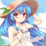  alternate_costume bad_id bad_pixiv_id blue_hair blush bracelet cloud day food fruit hand_on_headwear hat hinanawi_tenshi jewelry long_hair lowres momoko_(momopoco) peach red_eyes revision smile solo touhou 