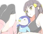  &gt;_&lt; black_hair closed_eyes gen_4_pokemon hair_ornament headwear_removed hirosuke_(psychexx) piplup platinum_berlitz pokemon pokemon_(creature) pokemon_special scarf skirt thighhighs yellow_eyes 