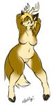  antlers arms_behind_head blue_eyes breasts canine cappuccino cervine chubby deer female hooves horn hybrid kaia mammal nipples nude pinup plain_background pose pussy solo standing white_background wide_hips wolf 