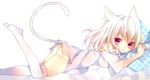  :3 animal_ears ass bare_shoulders cat_ears cat_tail chico152 colored_eyelashes leg_up looking_at_viewer lying naked_shirt no_panties on_stomach original pillow pink_eyes shirt short_hair solo tail thighhighs white_hair white_legwear 