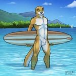  boat flaccid green_eyes male mammal mountain mustelid nightclaw nude otter penis sheath solo surfboard tattoo tsaiwolf water 