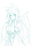  animal_ears breasts copyright_request fox_ears fox_tail long_hair looking_at_viewer medium_breasts monochrome smile solo tail very_long_hair yu-ves 