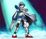  blue_eyes blue_hair broken broken_sword broken_weapon cape gloves glowing glowing_eye gundam gundam_00 gundam_exia magical_girl mahou_shoujo_madoka_magica mecha_musume miki_sayaka parody short_hair solo soul_gem sword thighhighs weapon zettai_ryouiki 