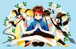  2girls black_hair blonde_hair blood blue_eyes brown_eyes brown_hair choker creature dual_persona emolga flower gen_5_pokemon gum_(gmng) headphones holding_hands kamitsure_(pokemon) kyouhei_(pokemon) legs long_hair multiple_girls no_legwear nosebleed pantyhose pokemon pokemon_(creature) pokemon_(game) pokemon_bw pokemon_bw2 seiza shadow short_hair sitting time_paradox visor_cap 